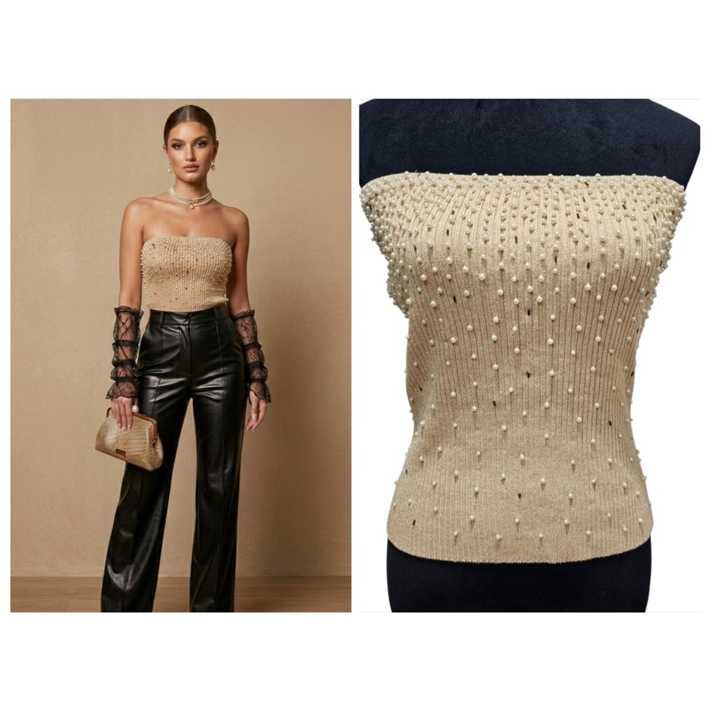 Vintage Cache Tube‎ Top Womens Large Gold Pearl Beaded Ribbed Y2K Mermaidcore